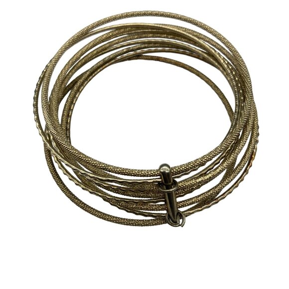 Vintage Brass Stacked Bangles Bracelet, 9 Joined Engraved Thin Bangles, Textured - Picture 4 of 5